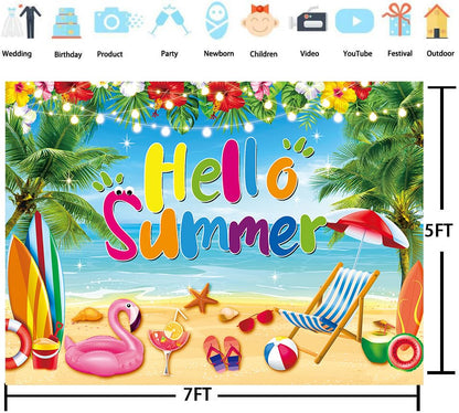 Hello Summer Backdrop Hawaiian Seaside Beach Photography Background Pool Party Background Hawaiian Tropical Themed Party Decorations Banner (7x5FT（210x150cm）) - size: 7x5FT（210x150cm）