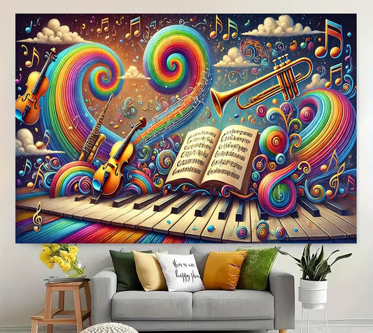 Music Party Background Cloth Microphone Sheet Music Rainbow Heart Shape, Gramophone, Rock Music, Instrument, Suitable for Home Decoration, Music Room, Stage, Live Shooting Background 3 Pas