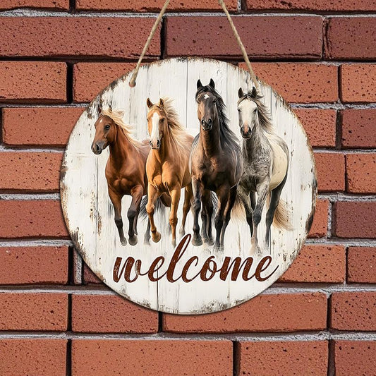 2D Flat, Welcome Sign with Four Running Horses – Rustic Wood Texture Background – Friendly Door Decor for Porch, Entryway or As A Gift for Horse Owners - color: brown, style: Modern