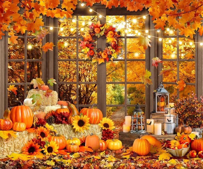 Fall Thanksgiving Backdrop for Photography 10x8ft Autumn Forest Window Pumpkin Haystack Sunflower Photo Backdrop Maple Leaves Path Friendsgiving Party Decor Baby Shower Kids Adult Portrait Photo Props