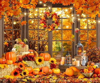 Fall Thanksgiving Backdrop for Photography 10x8ft Autumn Forest Window Pumpkin Haystack Sunflower Photo Backdrop Maple Leaves Path Friendsgiving Party Decor Baby Shower Kids Adult Portrait Photo Props