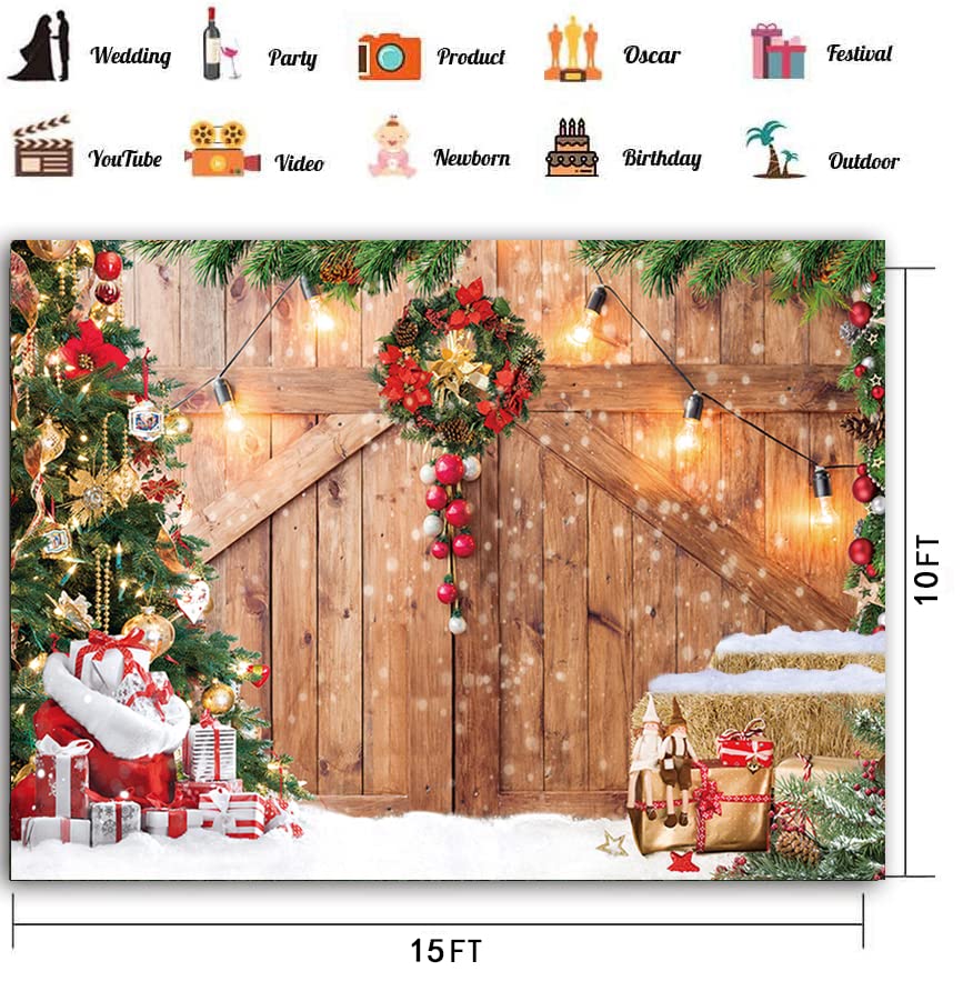 CHAIYA 15x10ft Christmas Backdrop Christmas Barn Door Photography Backdrop Xmas Tree Snow Wall Background Xmas Party Supplies Family Kids Party Banner Decorations Backdrops CY177 - size: 15′x10′