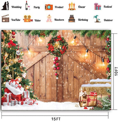 CHAIYA 15x10ft Christmas Backdrop Christmas Barn Door Photography Backdrop Xmas Tree Snow Wall Background Xmas Party Supplies Family Kids Party Banner Decorations Backdrops CY177 - size: 15′x10′