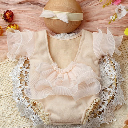 Newborn Photography Outfits Girl Baby Photography Props Lace Romper With headband Baby Photo Outfits Girls Photo Props - color: Beige