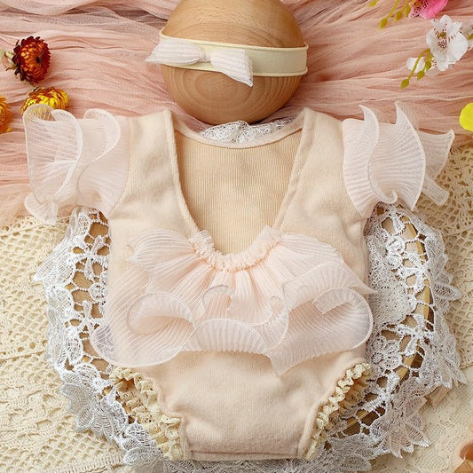 Newborn Photography Outfits Girl Baby Photography Props Lace Romper With headband Baby Photo Outfits Girls Photo Props - color: Beige