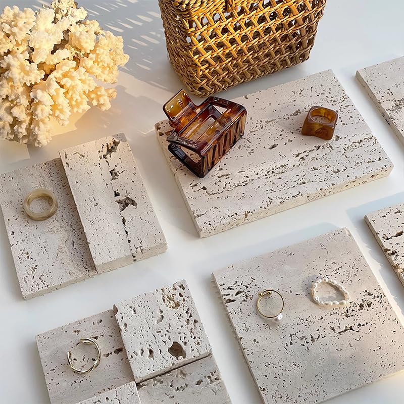 Natural Travertine Stone Display Tiles, Decorative Photography Props for Jewelry, Cosmetics, Home Decor, Beige Stone Blocks (20cm*30cm) - size: 20cm*30cm