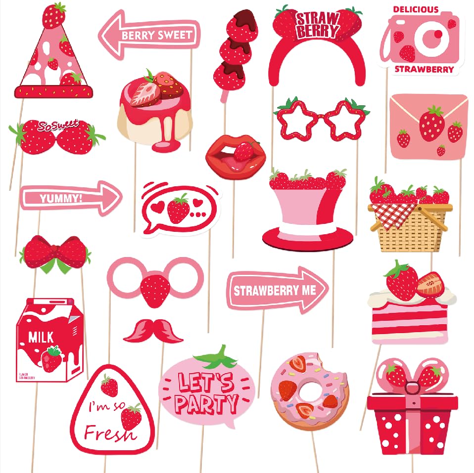 Strawberry Photo Booth Props, 24 Pieces with Sticks, Berry Sweet Theme Selfie Props, Summer Fruit Birthday Party Supplies, Photography Backdrop Decorations