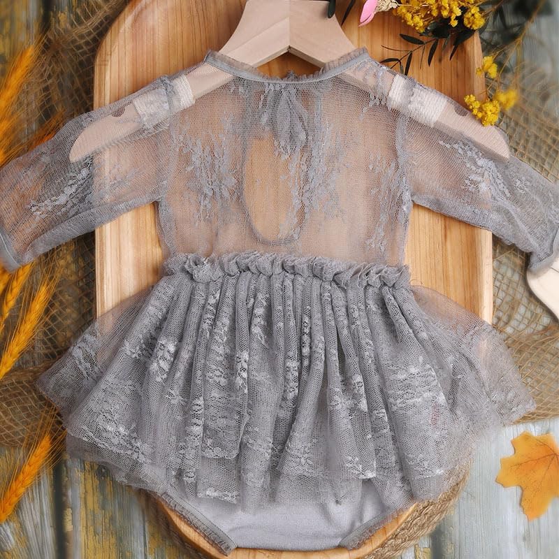 Newborn Photography Outfits Girl Baby Photo Tutu Dress Newborn Photoshoot Romper Baby Picture Lace Outfit - color: Grey