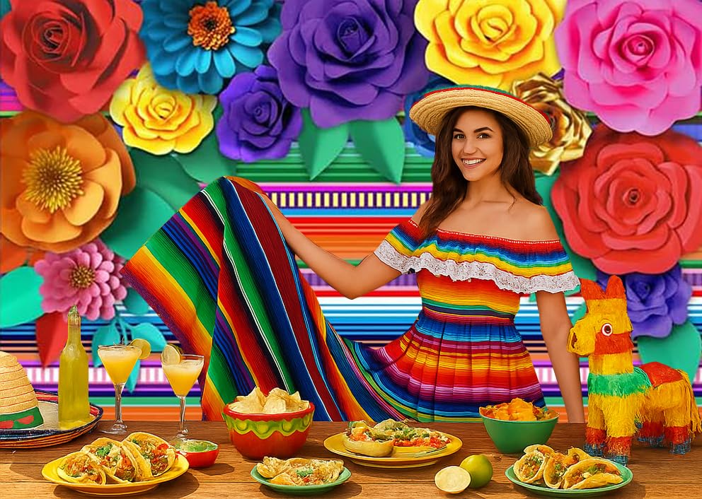 Mexican Theme Party Striped Backdrop Fiesta Cinco De Mayo Paper Flowers Background Party Decoration for Cake Table Decor Photo Booth 7X5FT - size: 7′x5′