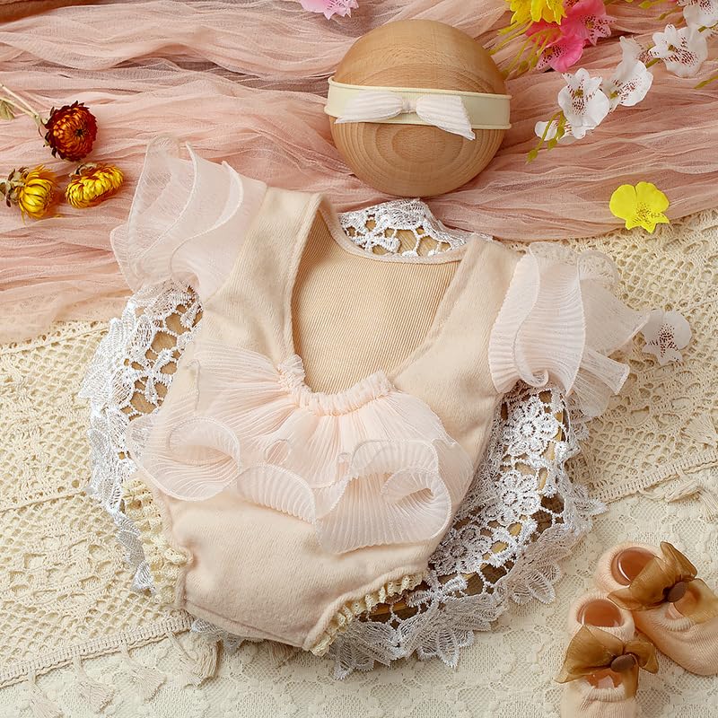 Newborn Photography Outfits Girl Baby Photography Props Lace Romper With headband Baby Photo Outfits Girls Photo Props - color: Beige