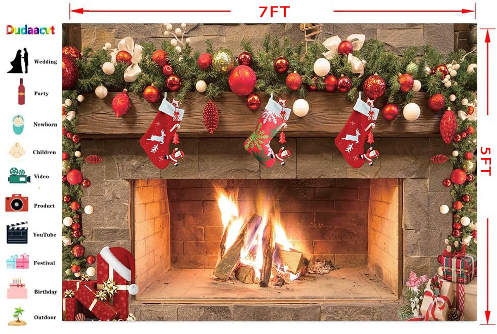 7x5ft Fireplace Backdrop Christmas Fireplace Photography Background for Wall Winter Holiday Family Merry Christmas Eve Party Decorations Banner Portrait Photo Booth Props ﻿ - size: 7x5ft