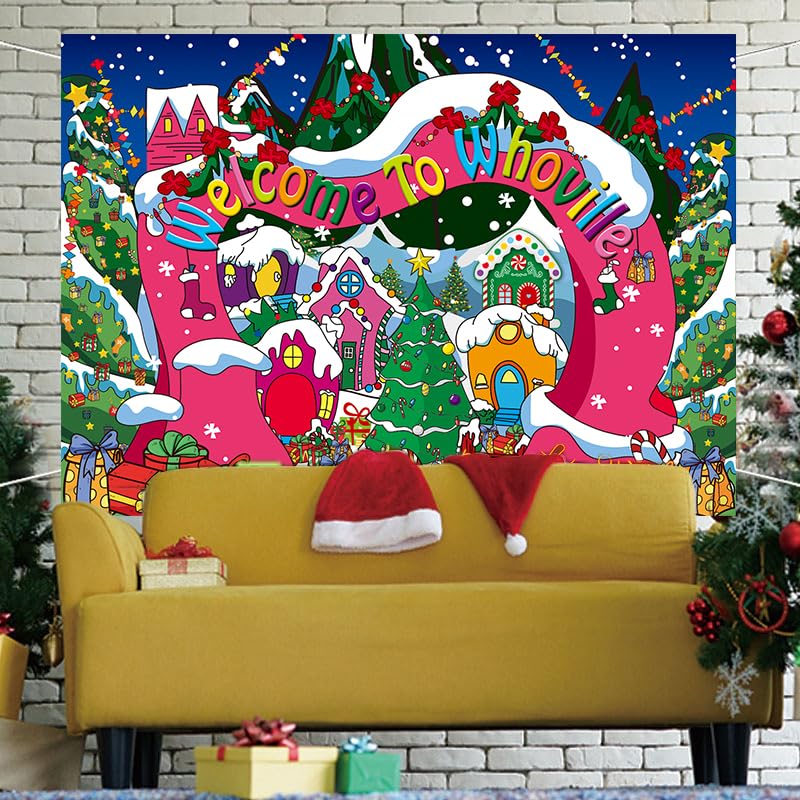 Welcome to Whoville Backdrop Winter Christmas Village Photography Background for Kids First Birthday Baby Shower Happy New Year Xmas Holiday Party Decoration Supplies Photo Props (10x6FT) - size: 10x6FT