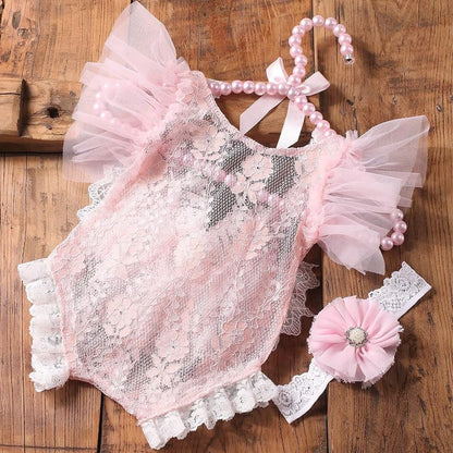 Newborn Photography Props Outfits Princess Baby Girl Pearl Lace Rompers Headdress Infant Baby Girl Photoshoot Costume - color: Pink2